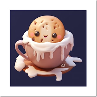 Cute Kawaii Chocolate Chip Cookie in a cup of hot chocolate and cream Posters and Art